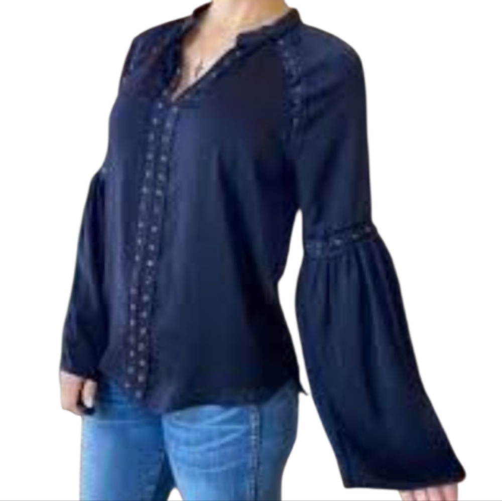 Soft Surroundings Women's Size Small Blouse Dark Blue Grommets